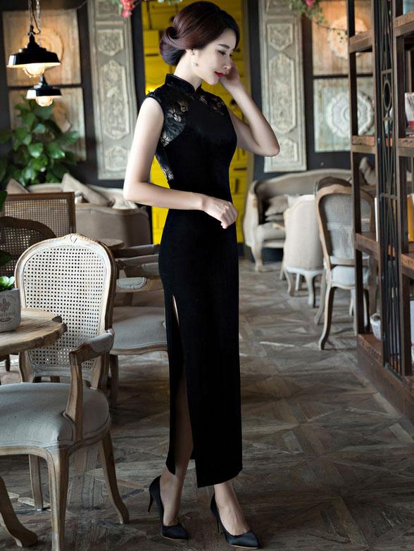 Black Velvet Long Qipao / Cheongsam Party Dress with Lace Insert