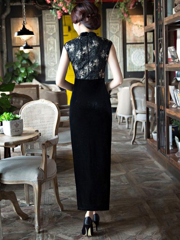 Black Velvet Long Qipao / Cheongsam Party Dress with Lace Insert