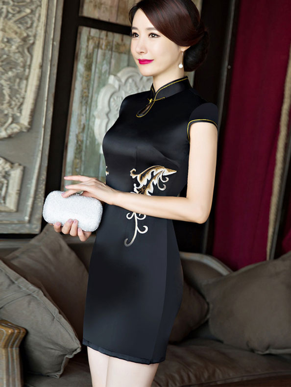 Black Embroidered Short Qipao / Cheongsam Dress with Lace Insert