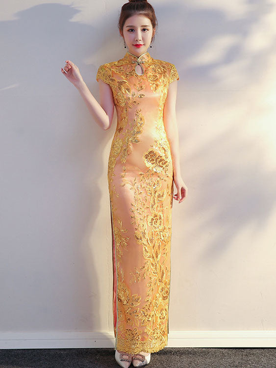 Gold Pink Long Cheongsam Qi Pao Prom Dress
