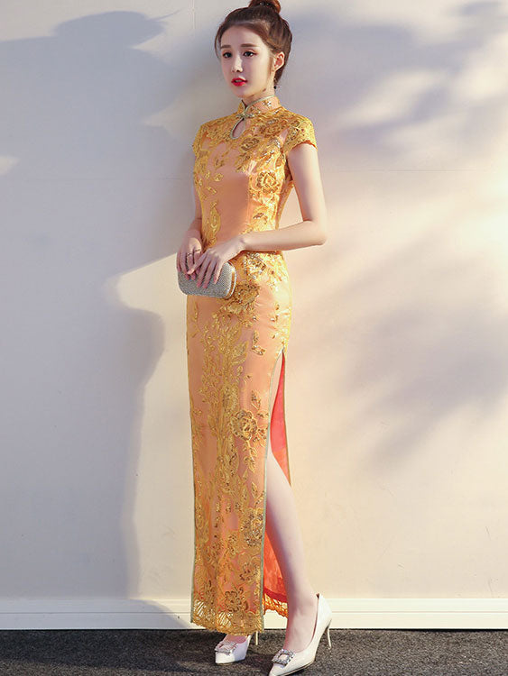 Gold Pink Long Cheongsam Qi Pao Prom Dress
