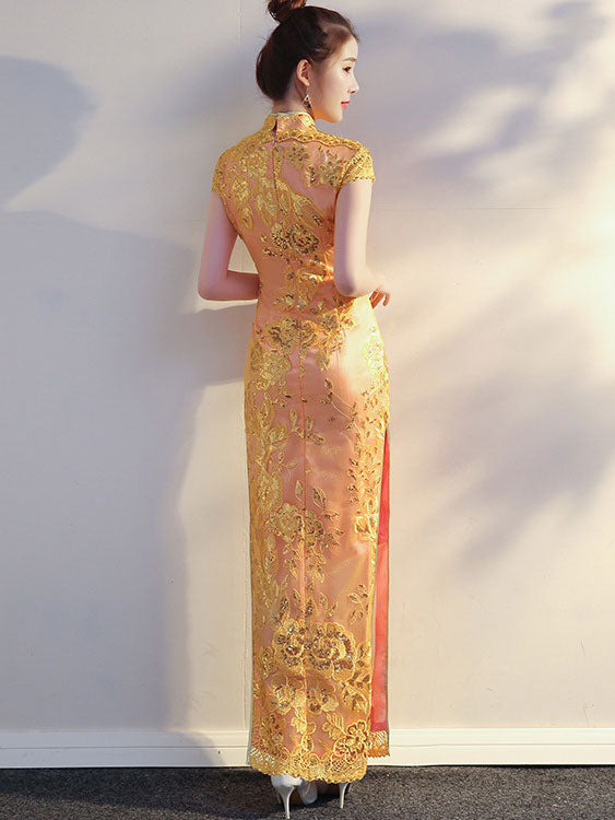 Gold Pink Long Cheongsam Qi Pao Prom Dress