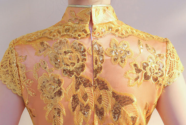 Gold Pink Long Cheongsam Qi Pao Prom Dress
