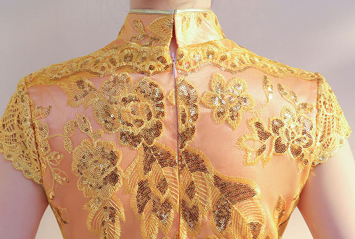 Gold Pink Long Cheongsam Qi Pao Prom Dress