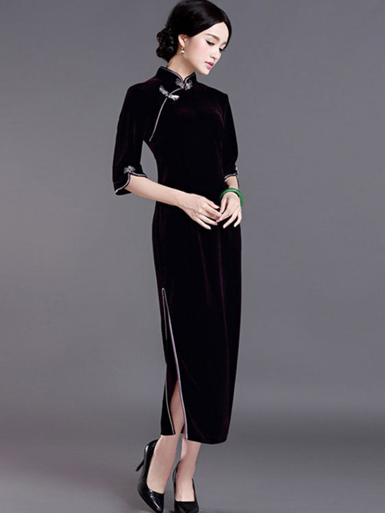 Mother's Velvet Half Sleeve Long Qipao / Cheongsam Party Dress