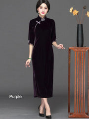 Mother's Velvet Half Sleeve Long Qipao / Cheongsam Party Dress