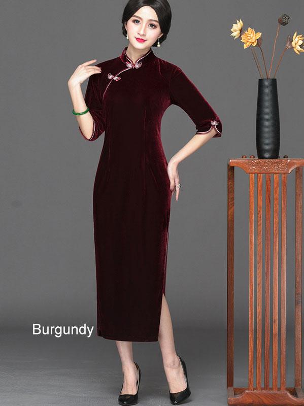 Mother's Velvet Half Sleeve Long Qipao / Cheongsam Party Dress