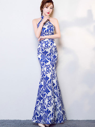 Blue & White Floral Halter Fishtail Qipao / Cheongsam Dress
