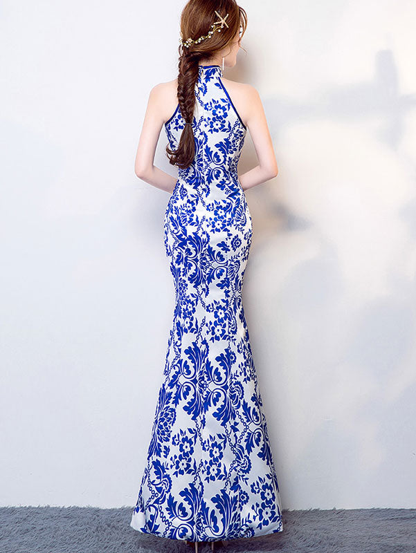 Blue & White Floral Halter Fishtail Qipao / Cheongsam Dress