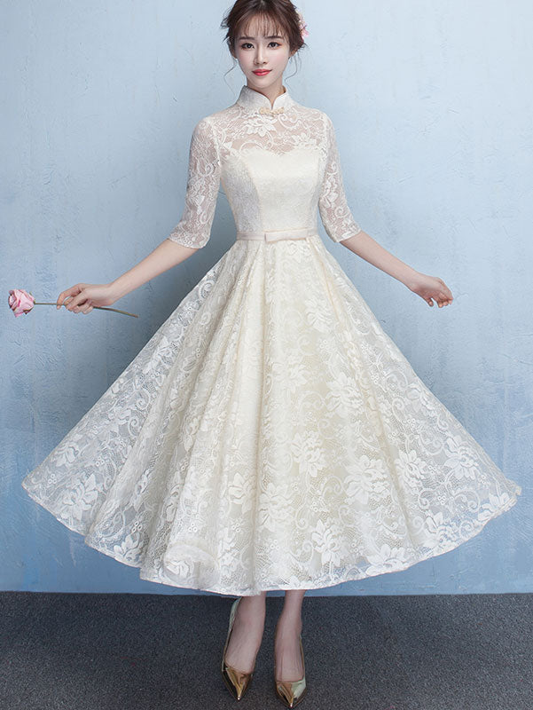 Beige Lace A-Line Bridesmaids Qipao / Cheongsam Dress