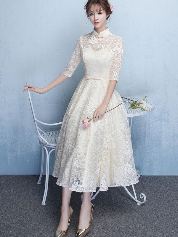 Beige Lace A-Line Bridesmaids Qipao / Cheongsam Dress