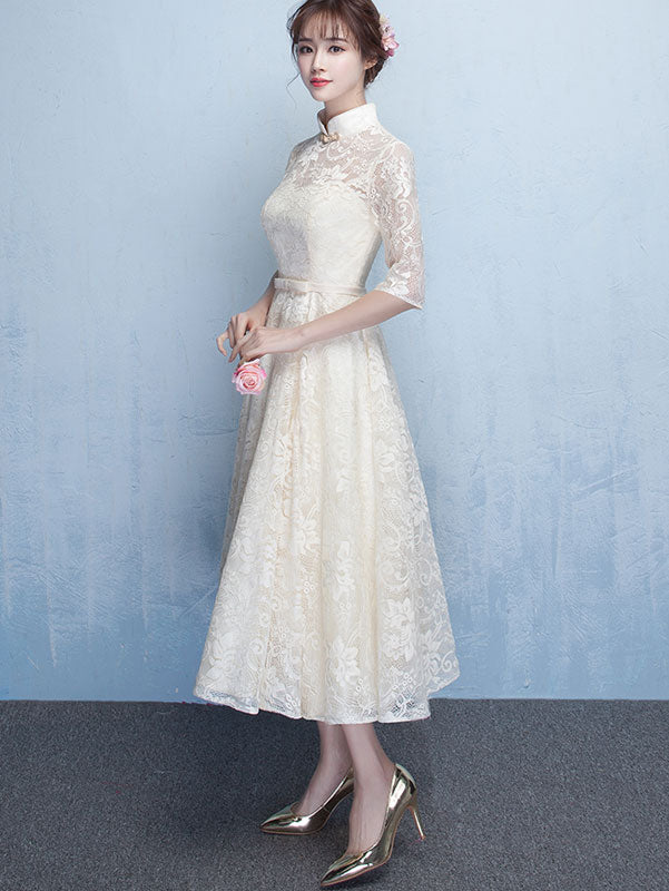 Beige Lace A-Line Bridesmaids Qipao / Cheongsam Dress