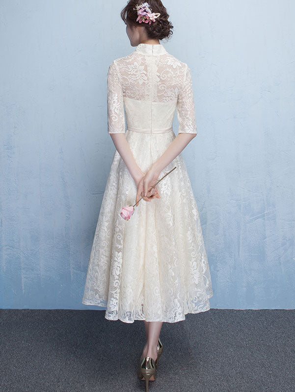 Beige Lace A-Line Bridesmaids Qipao / Cheongsam Dress