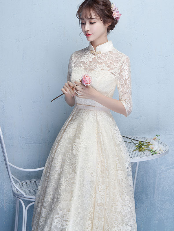 Beige Lace A-Line Bridesmaids Qipao / Cheongsam Dress