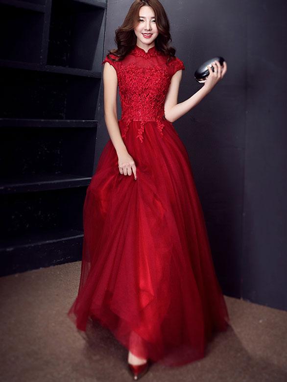 Wine Red Floor-Length Tulle Qipao / Cheongsam Evening Dress