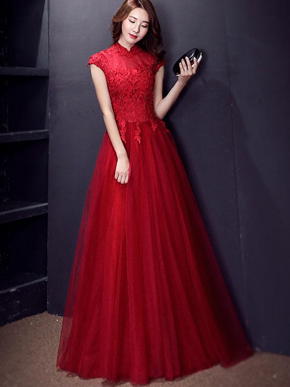 Wine Red Floor-Length Tulle Qipao / Cheongsam Evening Dress