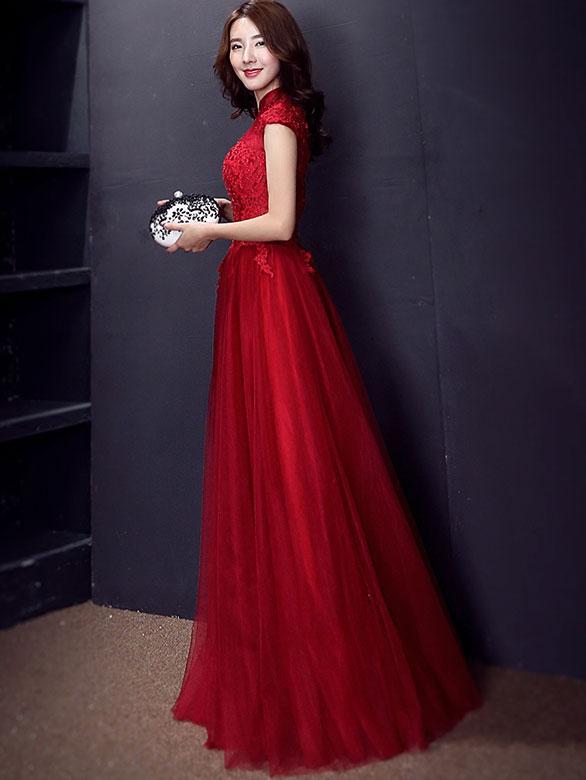 Wine Red Floor-Length Tulle Qipao / Cheongsam Evening Dress
