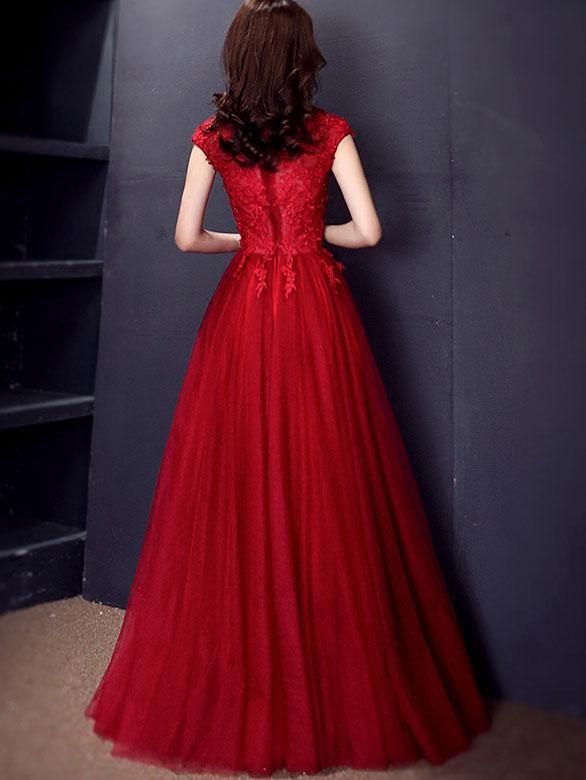 Wine Red Floor-Length Tulle Qipao / Cheongsam Evening Dress