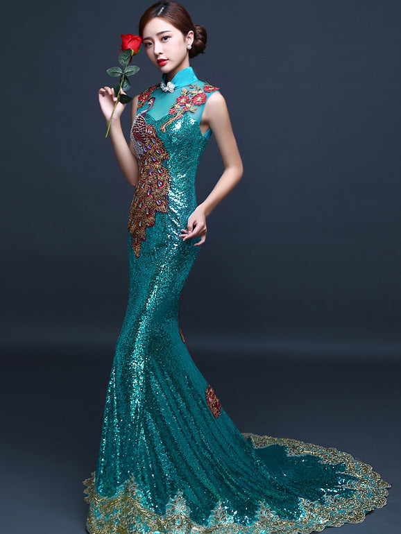 Custom Made Sequined Brush Train Qipao Cheongsam Evening Dress