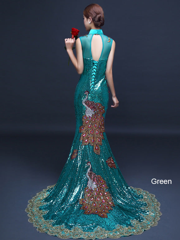 Custom Made Sequined Brush Train Qipao Cheongsam Evening Dress