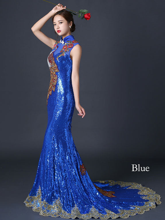 Custom Made Sequined Brush Train Qipao Cheongsam Evening Dress