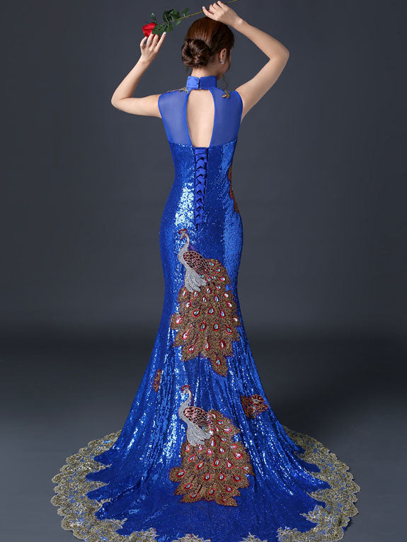 Custom Made Sequined Brush Train Qipao Cheongsam Evening Dress