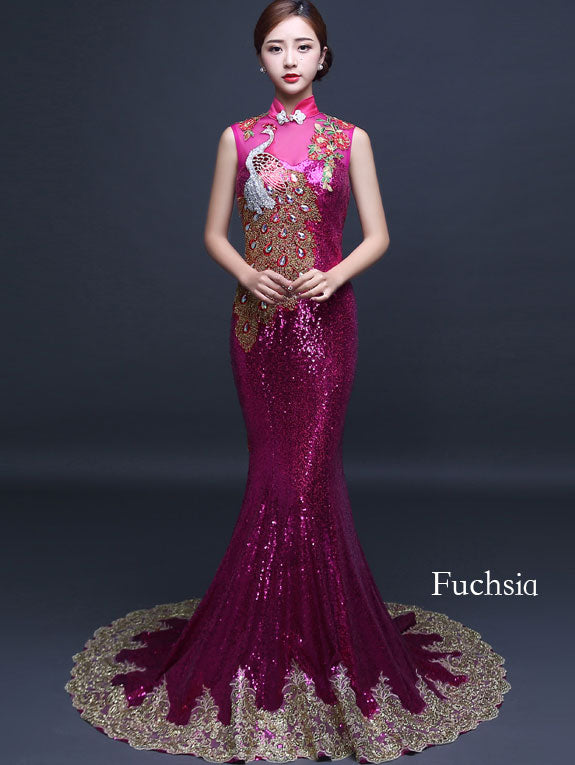 Custom Made Sequined Brush Train Qipao Cheongsam Evening Dress
