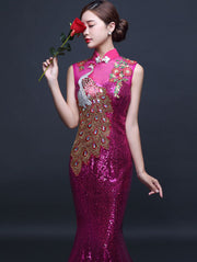 Custom Made Sequined Brush Train Qipao / Cheongsam Evening Dress