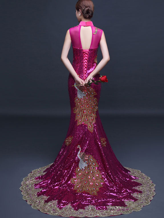 Custom Made Sequined Brush Train Qipao Cheongsam Evening Dress