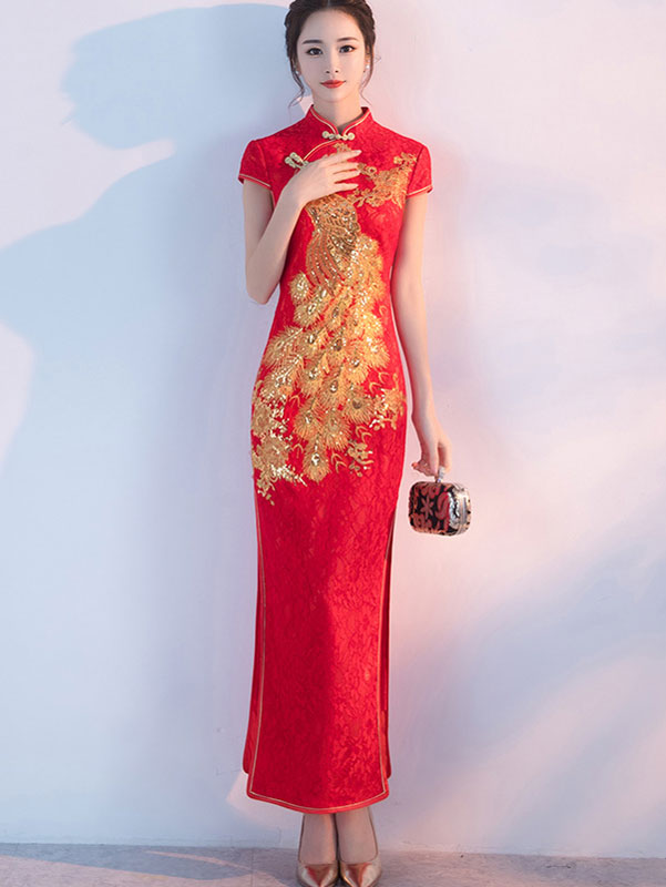 Red Lace Phoenix Long Qipao / Cheongsam Wedding Dress