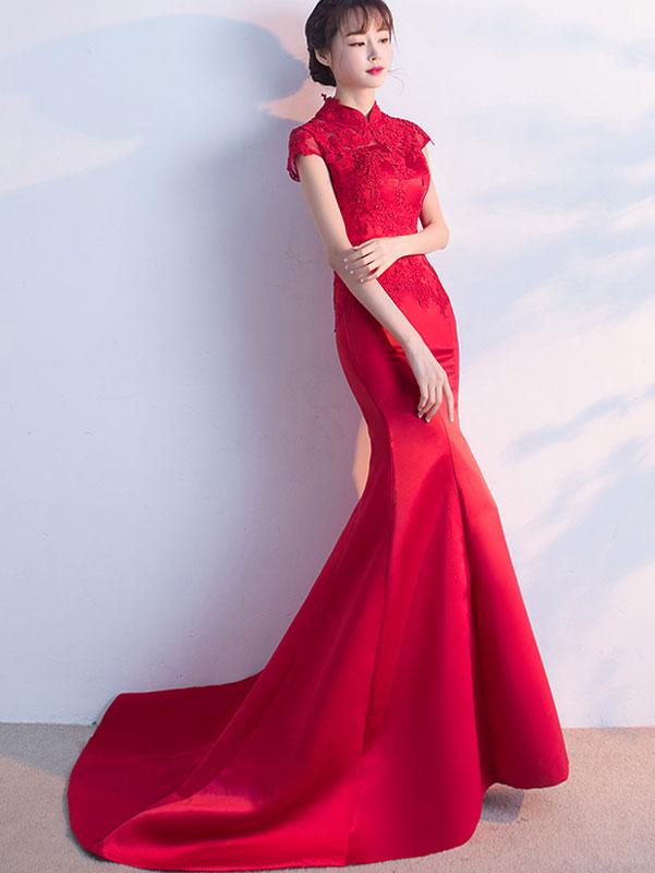 Wine Red Brush Train Qipao / Cheongsam Formal Dress with Lace Back