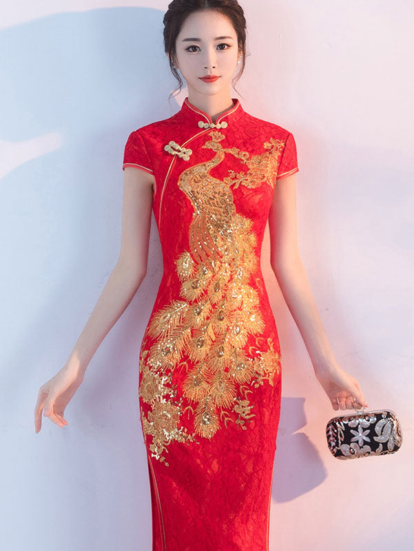 Red Lace Phoenix Long Qipao / Cheongsam Wedding Dress