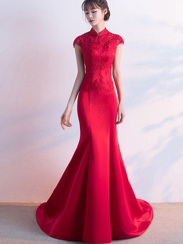 Wine Red Brush Train Qipao / Cheongsam Formal Dress with Lace Back