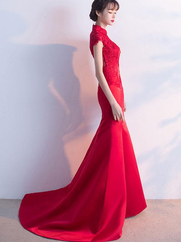 Wine Red Brush Train Qipao / Cheongsam Formal Dress with Lace Back