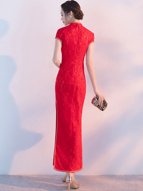 Red Lace Phoenix Long Qipao / Cheongsam Wedding Dress
