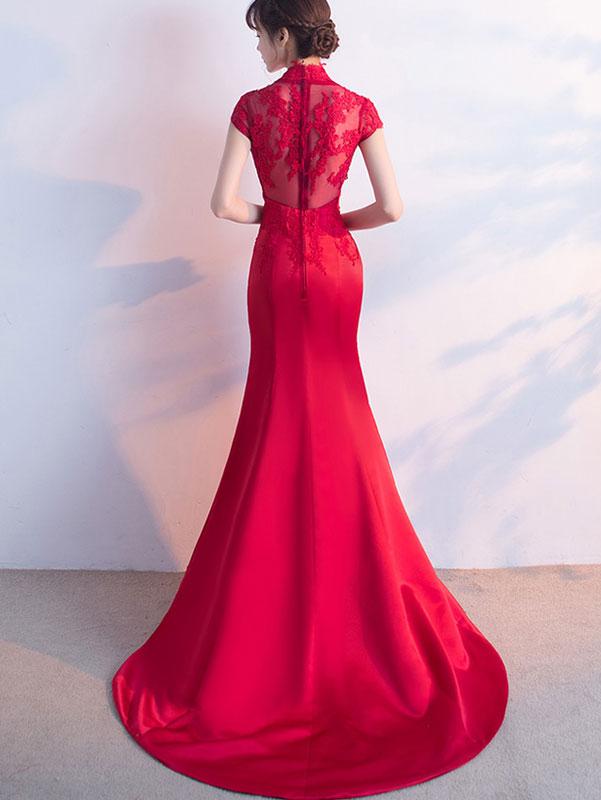 Wine Red Brush Train Qipao / Cheongsam Formal Dress with Lace Back