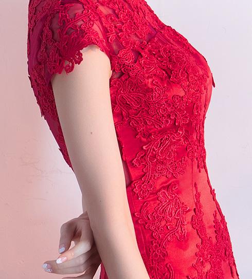 Wine Red Brush Train Qipao / Cheongsam Formal Dress with Lace Back