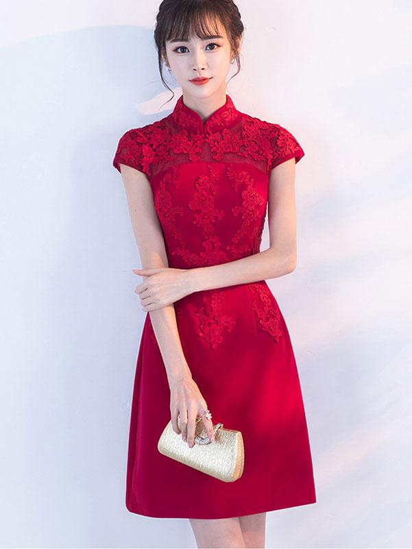 Wine Red A-line Short Qipao / Cheongsam Dress with Lace Insert
