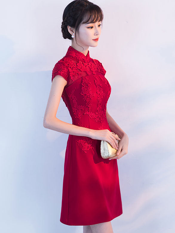 Wine Red A-line Short Qipao / Cheongsam Dress with Lace Insert