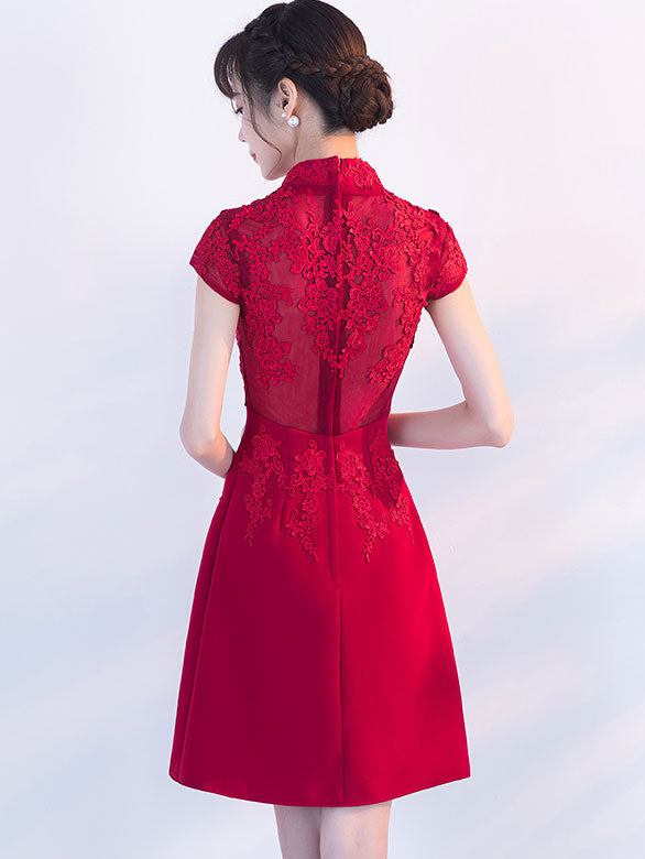 Wine Red A-line Short Qipao / Cheongsam Dress with Lace Insert