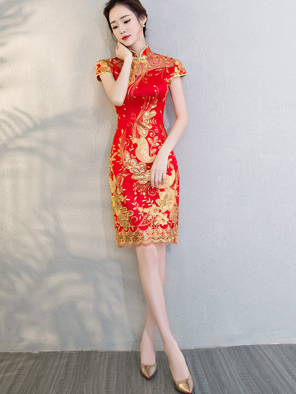 Red Sequnined Phoenix Short Qipao / Cheongsam Wedding Dress