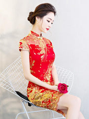 Red Sequnined Phoenix Short Qipao / Cheongsam Wedding Dress
