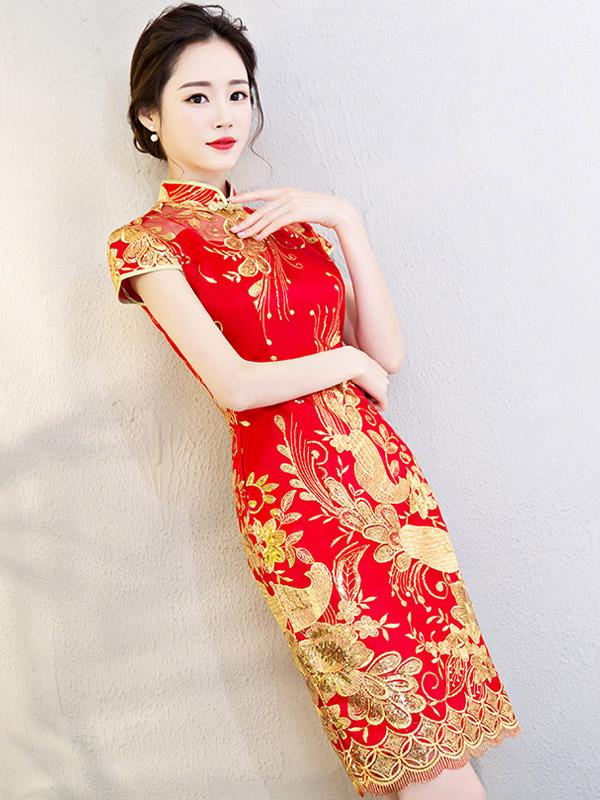Red Sequnined Phoenix Short Qipao / Cheongsam Wedding Dress