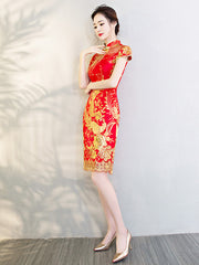 Red Sequnined Phoenix Short Qipao / Cheongsam Wedding Dress