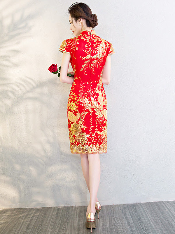 Red Sequnined Phoenix Short Qipao / Cheongsam Wedding Dress