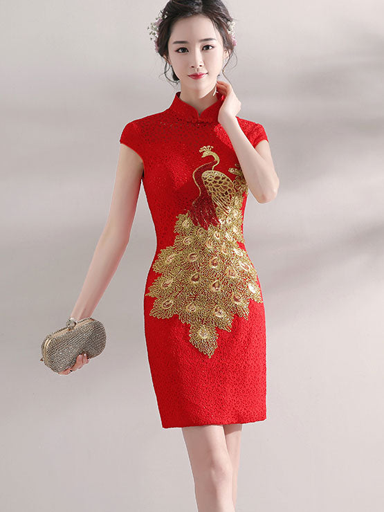 Red Lace Phoenix Short Qipao / Cheongsam Wedding Dress