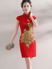 Red Lace Phoenix Short Qipao / Cheongsam Wedding Dress