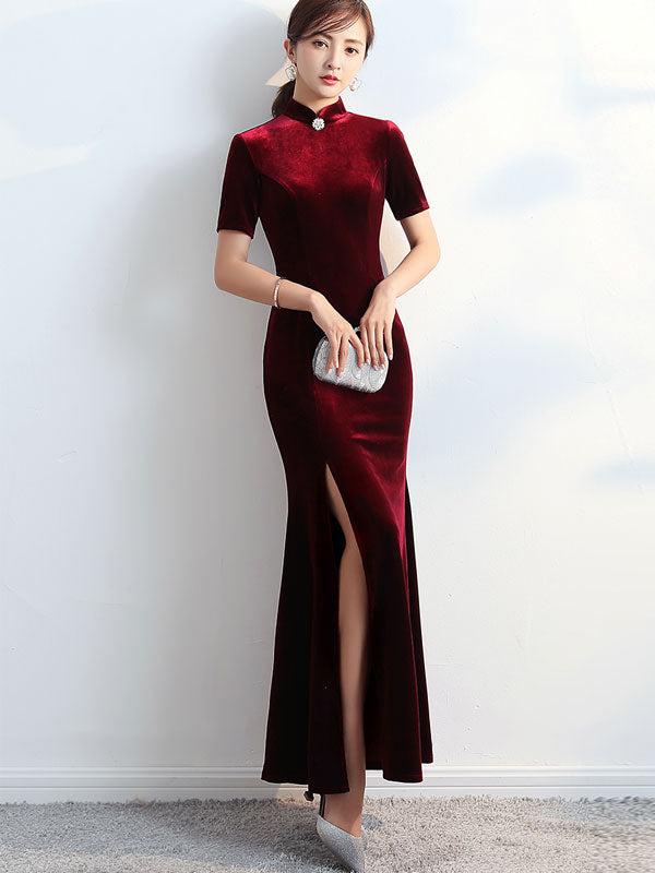 Burgundy Split Fishtail Qipao / Cheongsam Party Dress