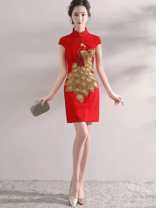 Red Lace Phoenix Short Qipao / Cheongsam Wedding Dress