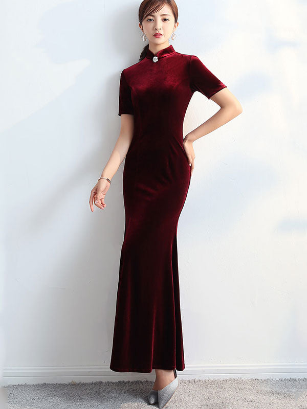 Burgundy Split Fishtail Qipao / Cheongsam Party Dress